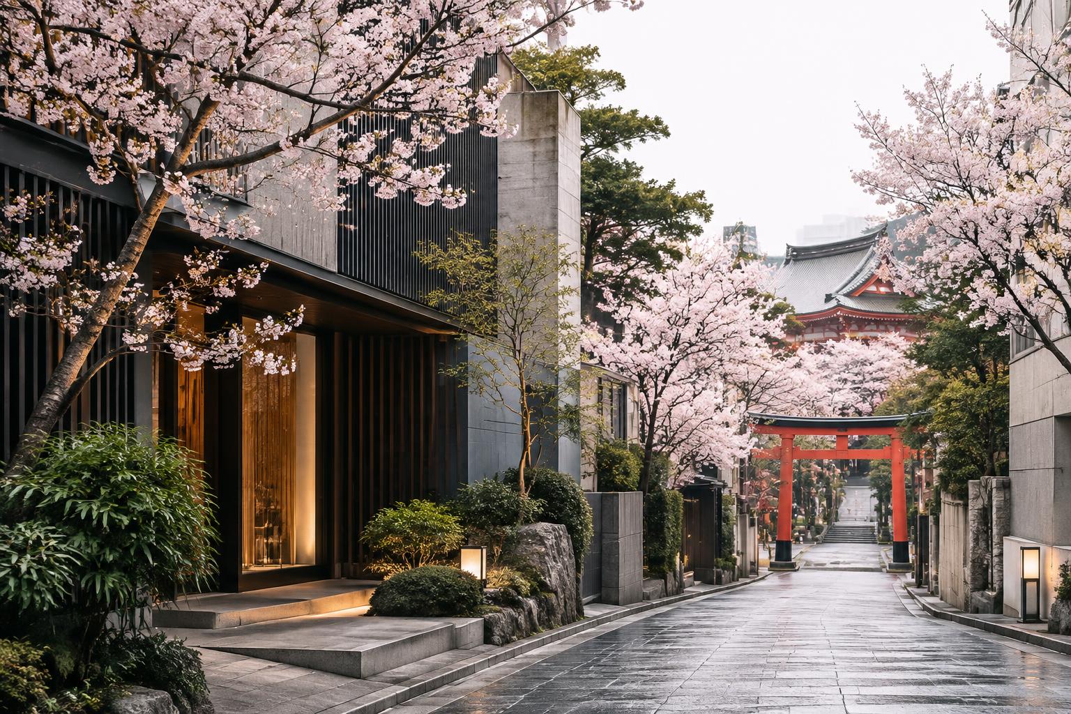 A serene Tokyo street framed by cherry blossoms